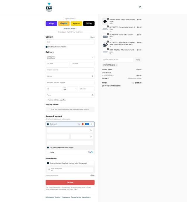 RZ Mask checkout page showing RZ Mask discount code box | Screenshot taken by SimplyCodes community member on Sep 12, 2025