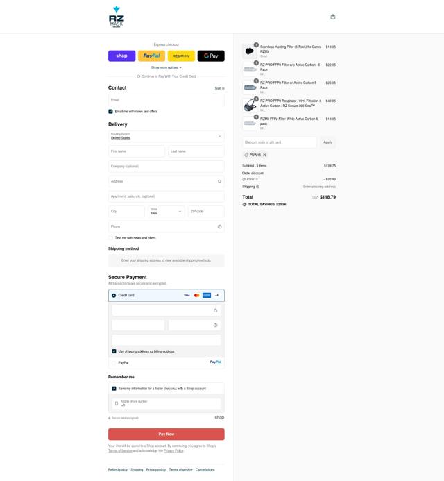 RZ Mask checkout page showing RZ Mask discount code box | Screenshot taken by SimplyCodes community member on Sep 12, 2025