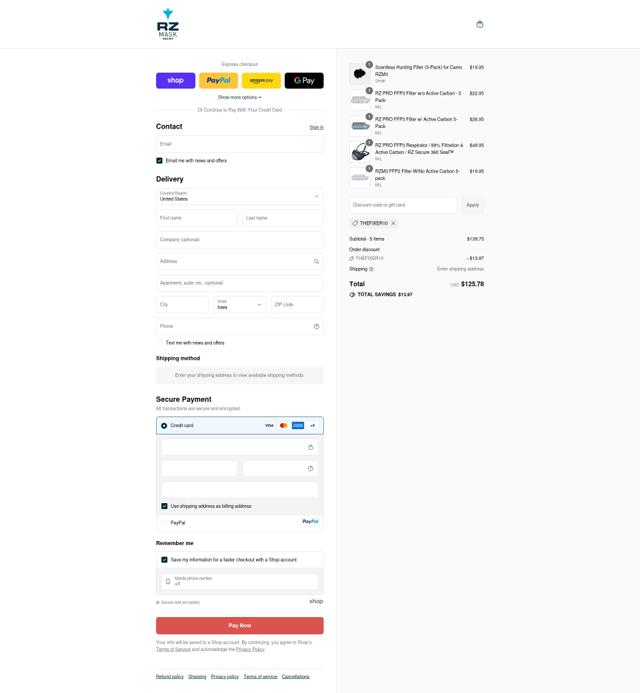 RZ Mask checkout page showing RZ Mask discount code box | Screenshot taken by SimplyCodes community member on Sep 12, 2025