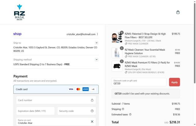 RZ Mask checkout page showing RZ Mask discount code box | Screenshot taken by SimplyCodes community member on Sep 12, 2025