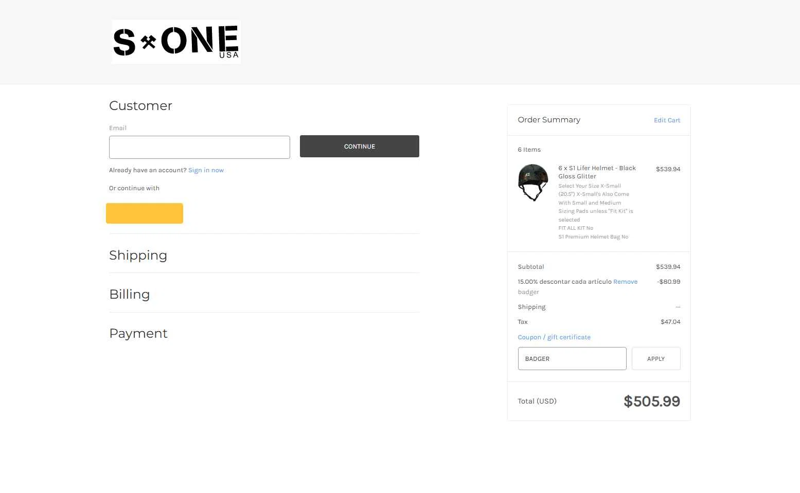 S1 Helmets checkout page showing S1 Helmets coupon code box | Screenshot taken by SimplyCodes community member on Dec 15, 2025