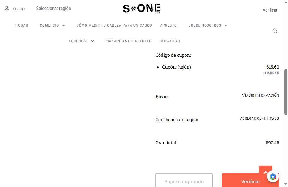 S1 Helmets checkout page showing S1 Helmets coupon code box | Screenshot taken by SimplyCodes community member on Oct 18, 2025