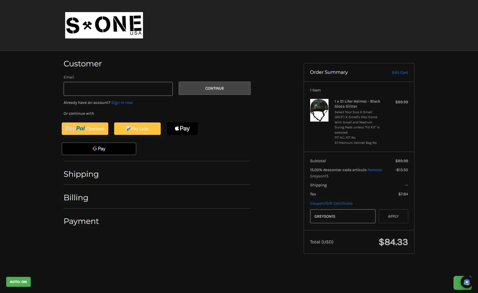 S1 Helmets checkout page showing S1 Helmets coupon code box | Screenshot taken by SimplyCodes community member on Nov 22, 2025