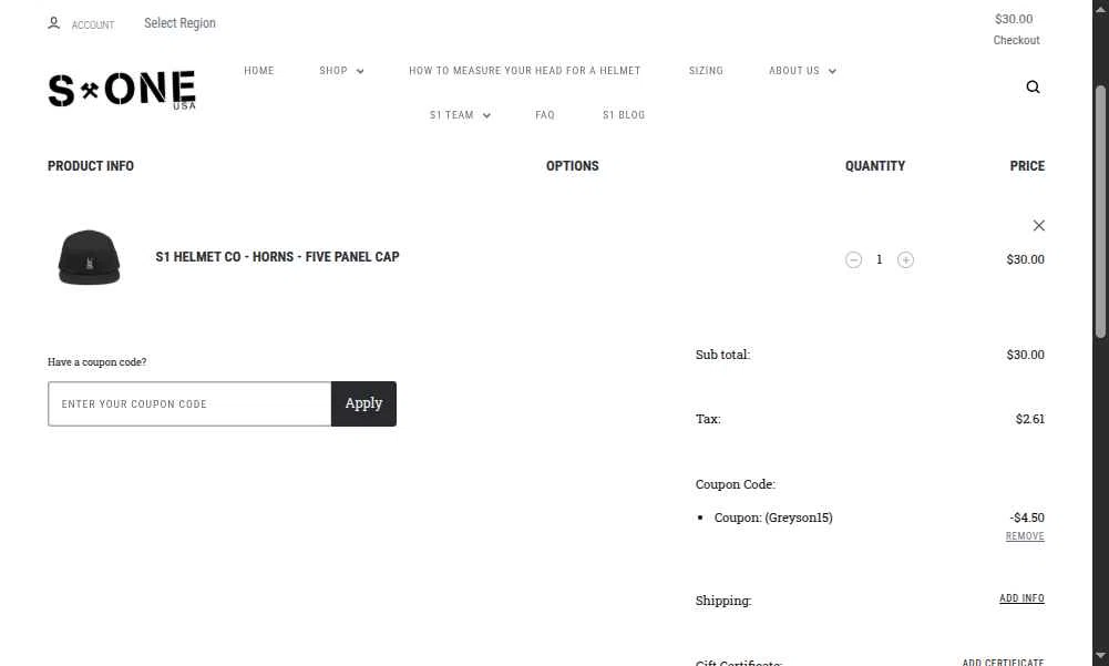 S1 Helmets checkout page showing S1 Helmets coupon code box | Screenshot taken by SimplyCodes community member on Oct 24, 2025