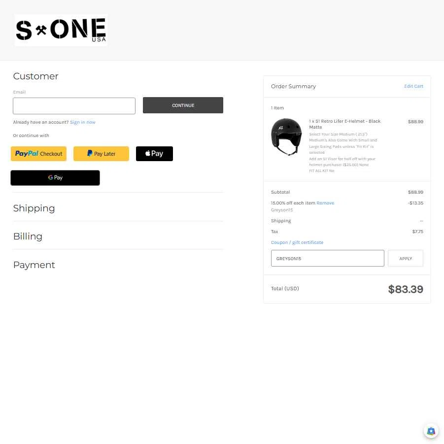 S1 Helmets checkout page showing S1 Helmets coupon code box | Screenshot taken by SimplyCodes community member on Dec 21, 2025