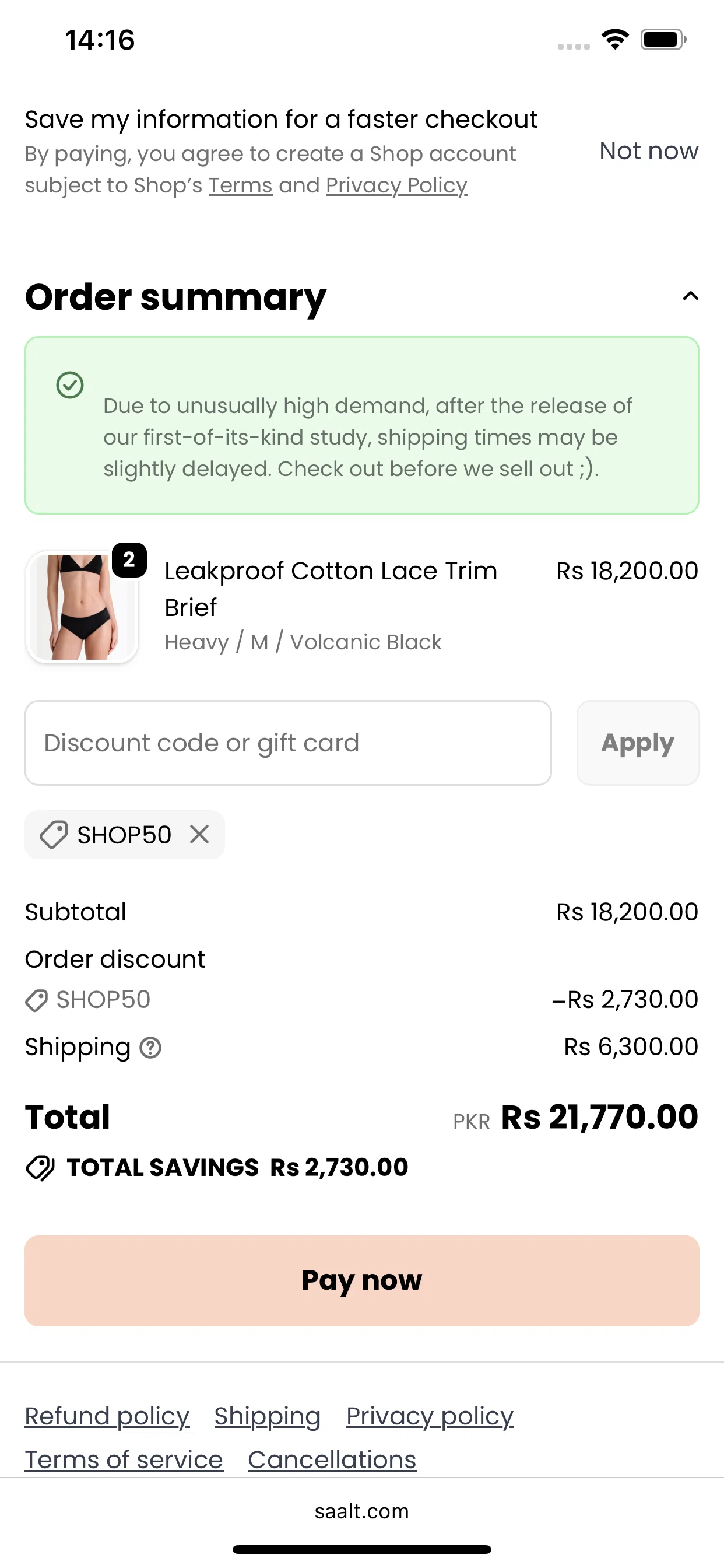 Saalt promo code screenshot showing code SHOP50 applied at Saalt checkout page. Uploaded by SimplyCodes community member CrownOwl5393 on Jun 16, 2026