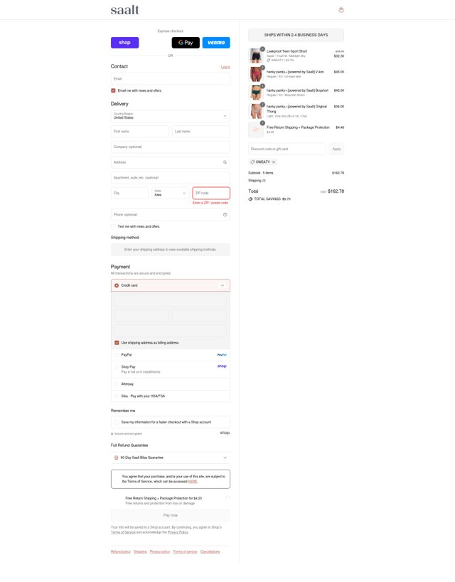 Saalt checkout page showing Saalt discount code box | Screenshot taken by SimplyCodes community member on Sep 5, 2025
