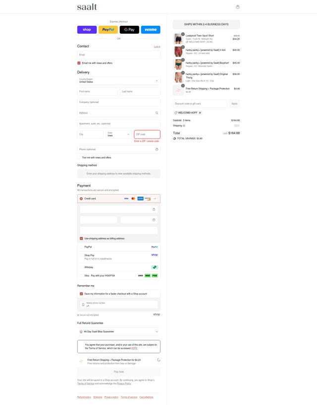 Saalt checkout page showing Saalt discount code box | Screenshot taken by SimplyCodes community member on Sep 5, 2025