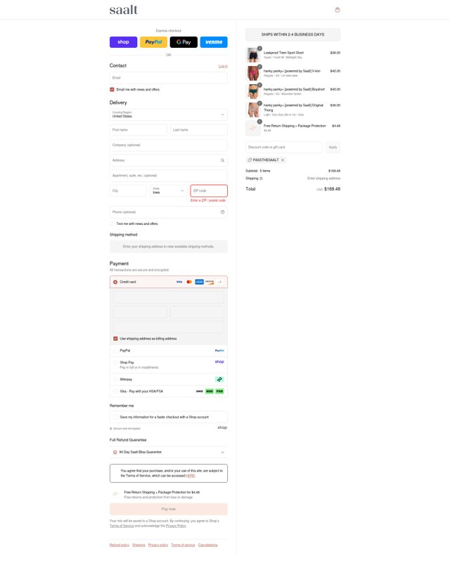 Saalt checkout page showing Saalt discount code box | Screenshot taken by SimplyCodes community member on Sep 5, 2025