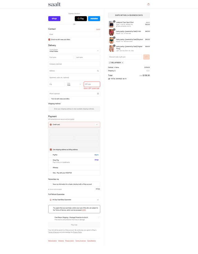 Saalt checkout page showing Saalt discount code box | Screenshot taken by SimplyCodes community member on Sep 5, 2025