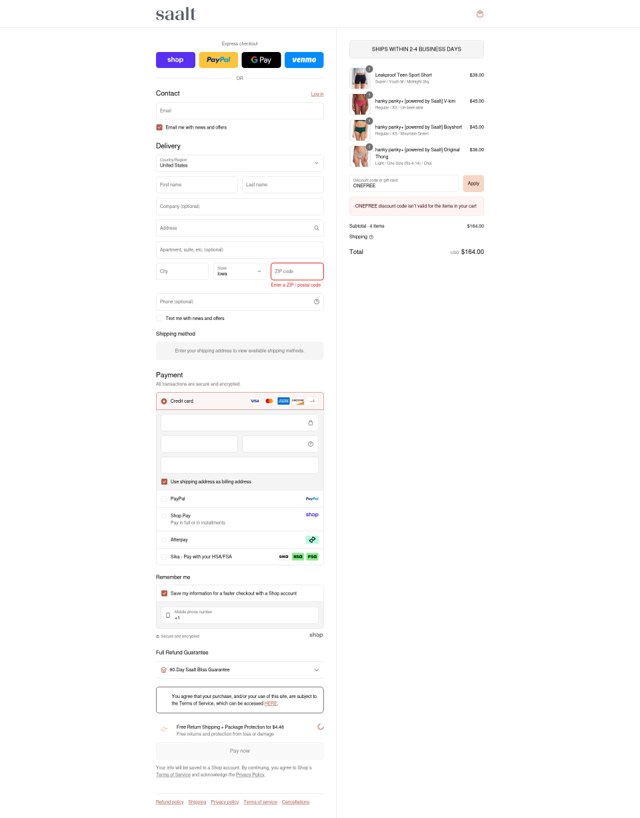 Saalt checkout page showing Saalt discount code box | Screenshot taken by SimplyCodes community member on Sep 5, 2025