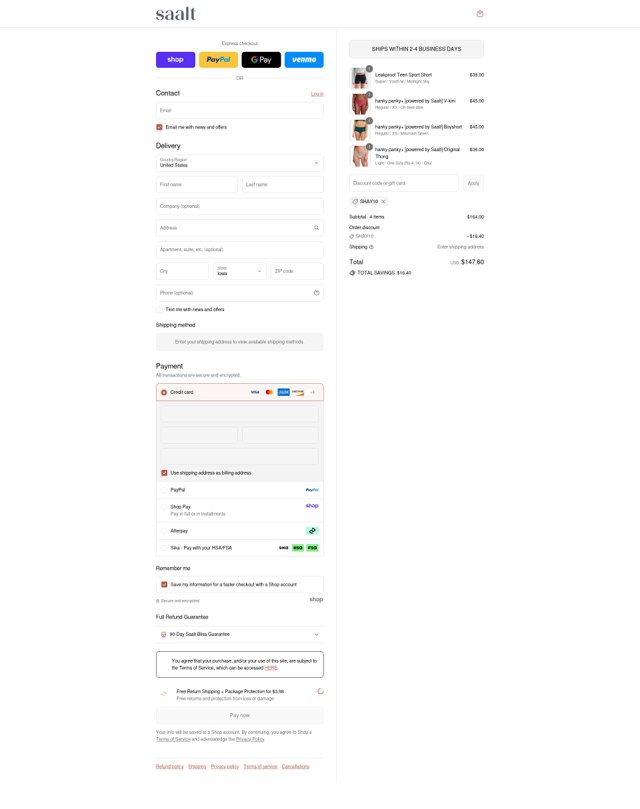 Saalt checkout page showing Saalt discount code box | Screenshot taken by SimplyCodes community member on Sep 5, 2025