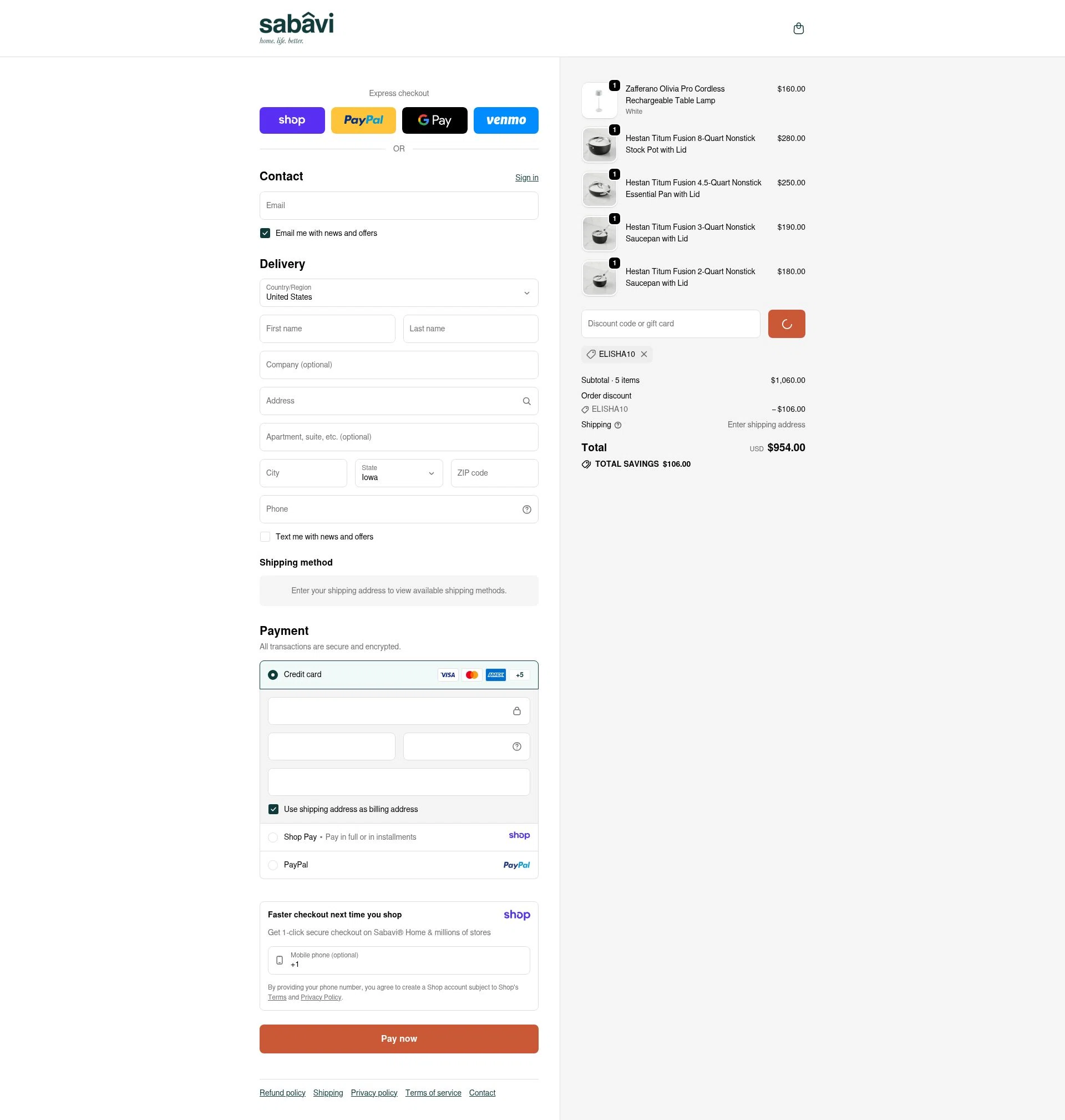 Sabavi Home checkout page showing Sabavi Home promo code box | Screenshot taken by SimplyCodes community member on Jan 13, 2026
