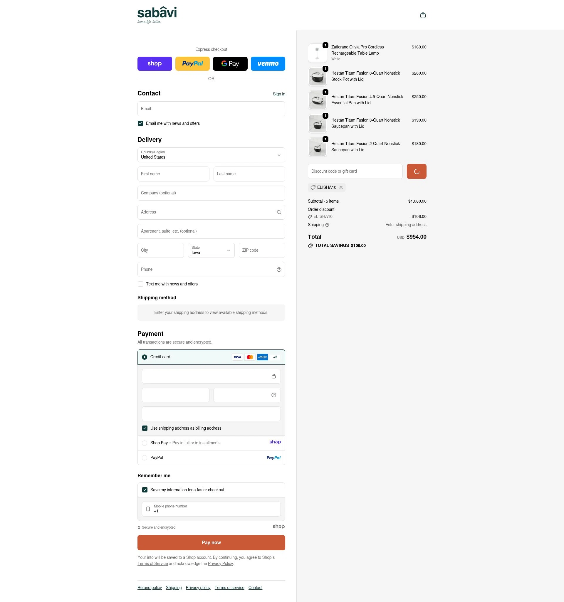Sabavi Home checkout page showing Sabavi Home promo code box | Screenshot taken by SimplyCodes community member on Jan 18, 2026