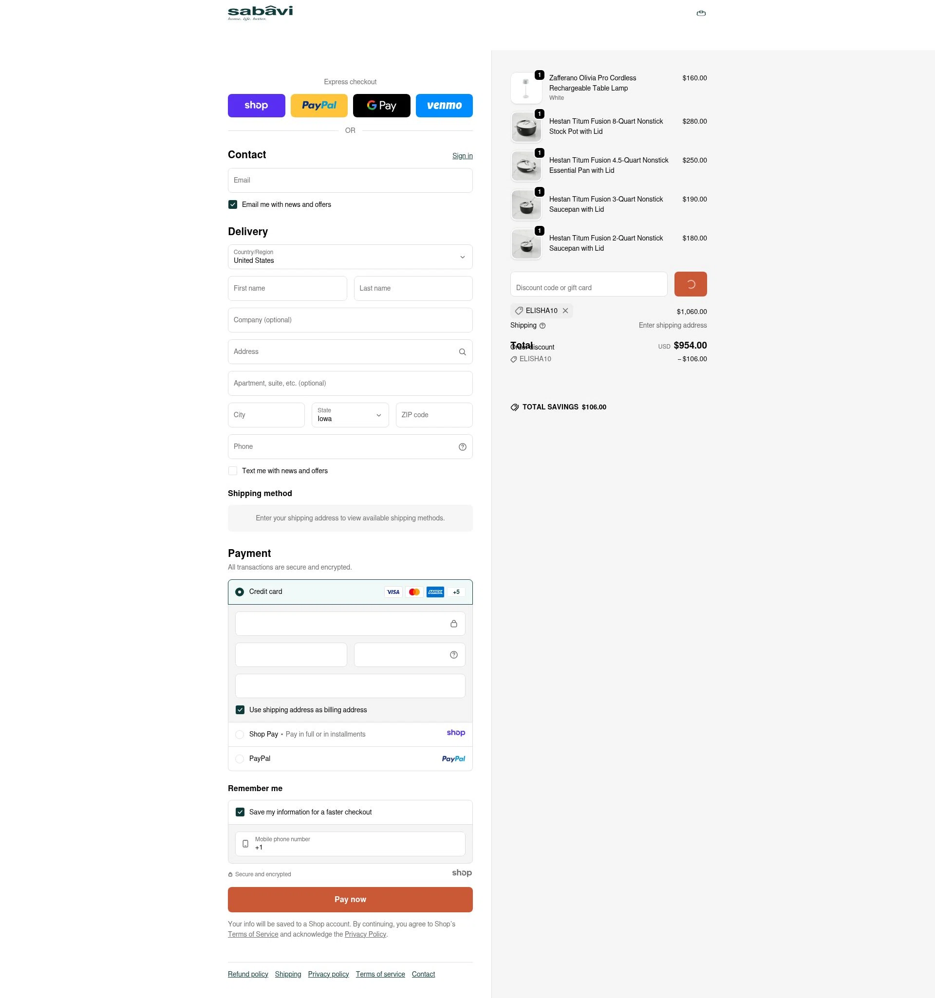Sabavi Home checkout page showing Sabavi Home promo code box | Screenshot taken by SimplyCodes community member on Jan 8, 2026