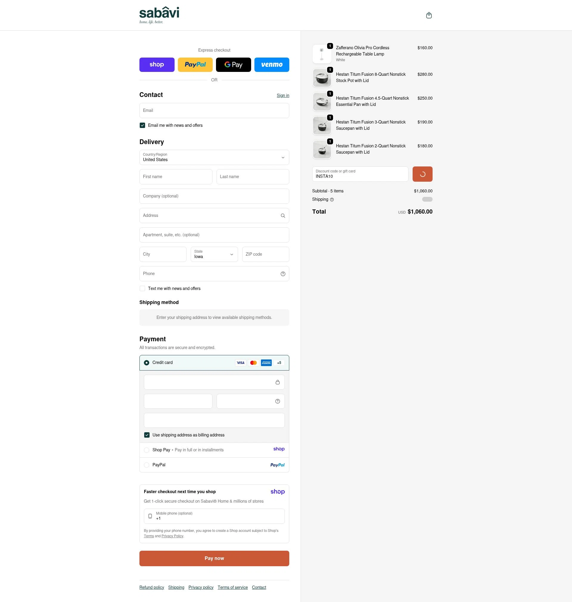 Sabavi Home checkout page showing Sabavi Home promo code box | Screenshot taken by SimplyCodes community member on Jan 13, 2026