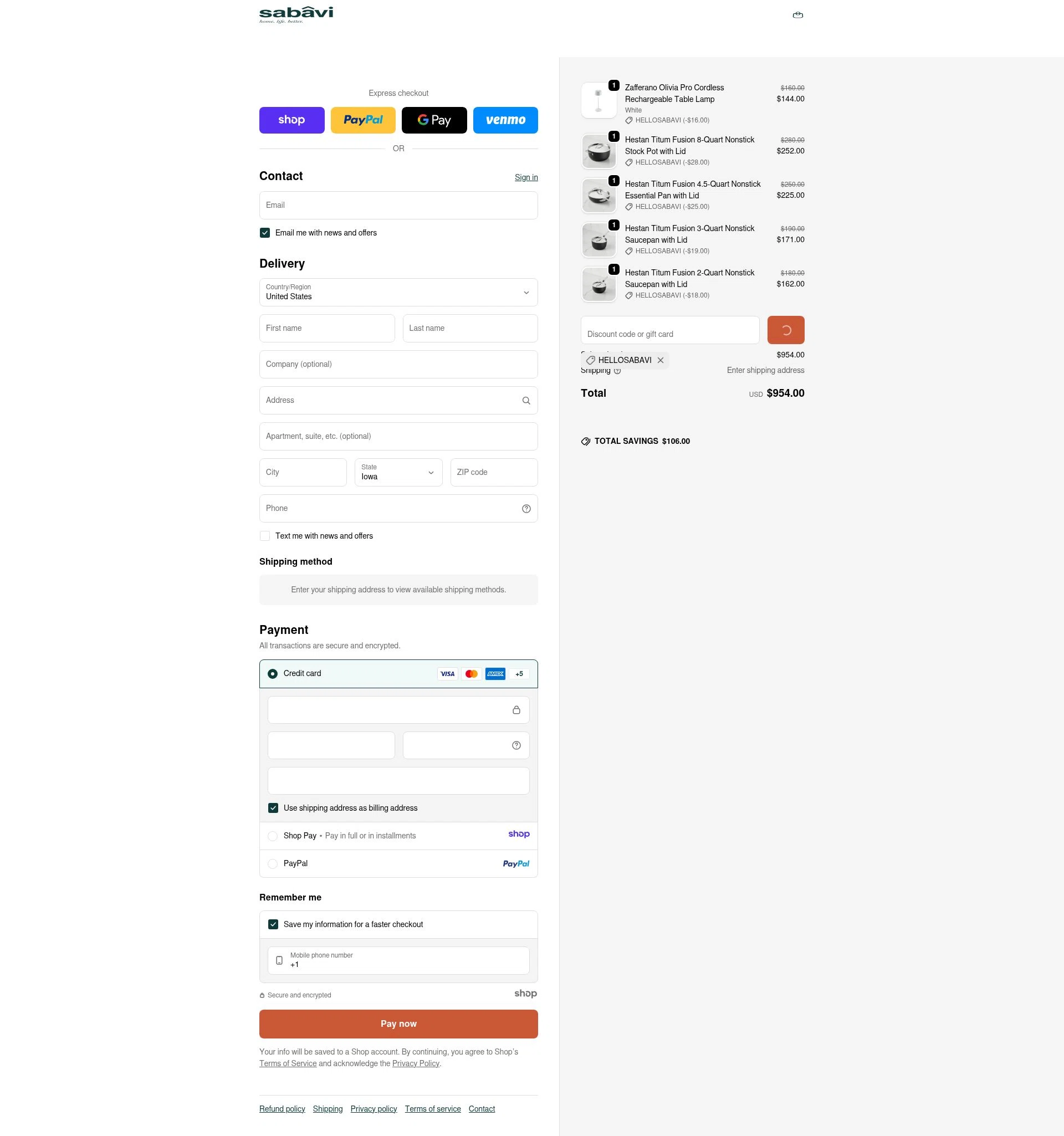 Sabavi Home checkout page showing Sabavi Home promo code box | Screenshot taken by SimplyCodes community member on Jan 18, 2026