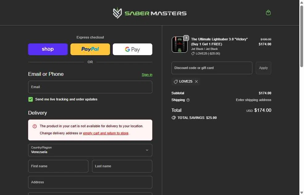 SaberMasters checkout page showing SaberMasters discount code box | Screenshot taken by SimplyCodes community member on Feb 9, 2026