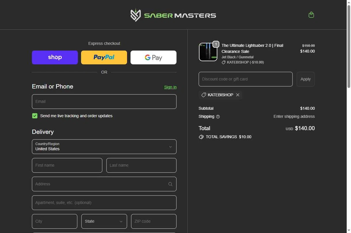 SaberMasters checkout page showing SaberMasters discount code box | Screenshot taken by SimplyCodes community member on Feb 22, 2026