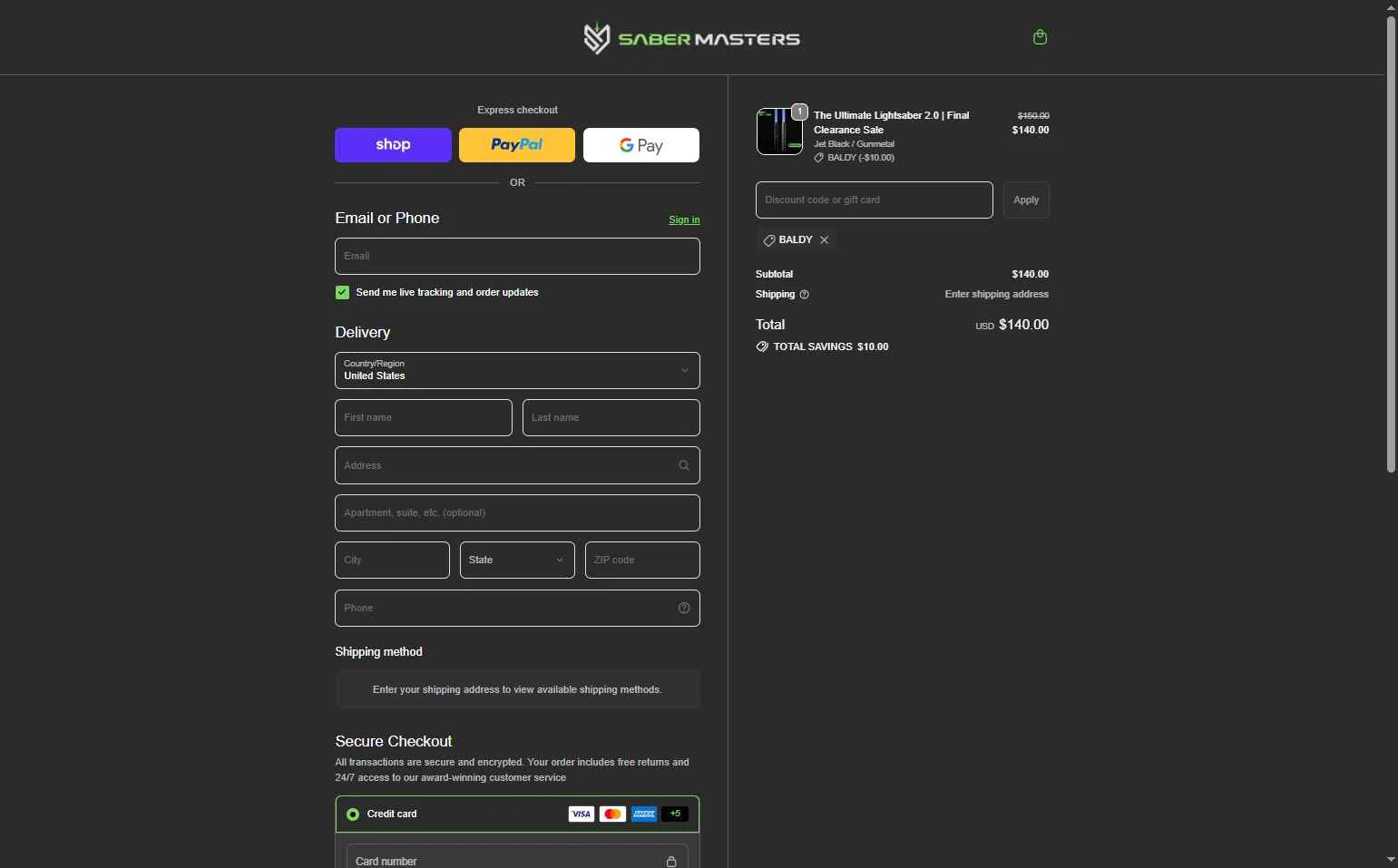 SaberMasters checkout page showing SaberMasters discount code box | Screenshot taken by SimplyCodes community member on Feb 22, 2026
