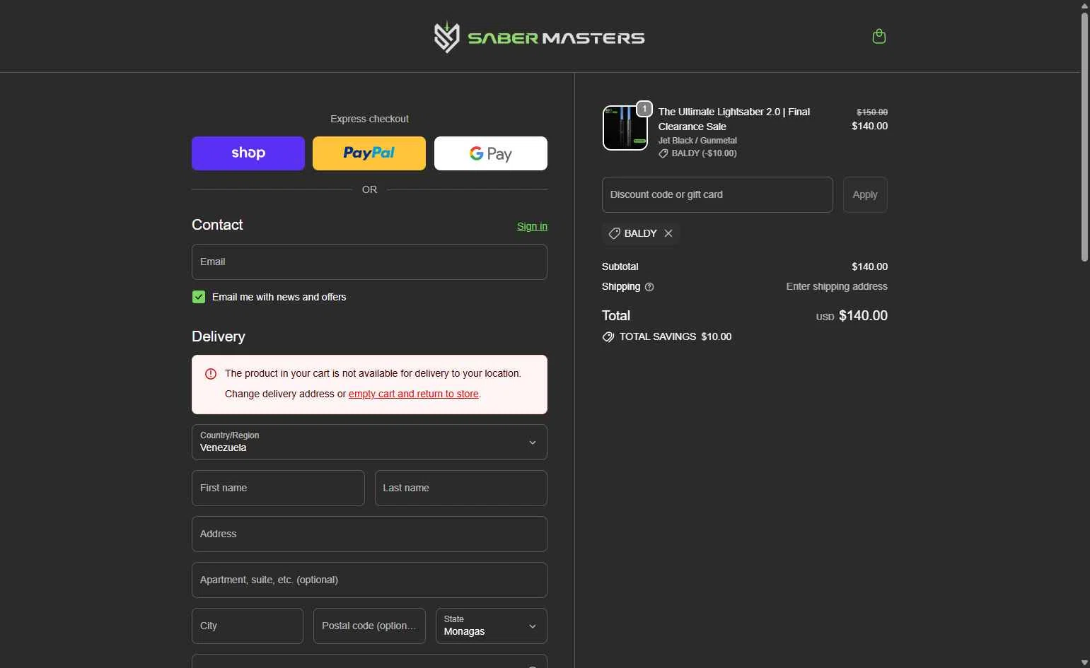 SaberMasters checkout page showing SaberMasters discount code box | Screenshot taken by SimplyCodes community member on Jan 24, 2026