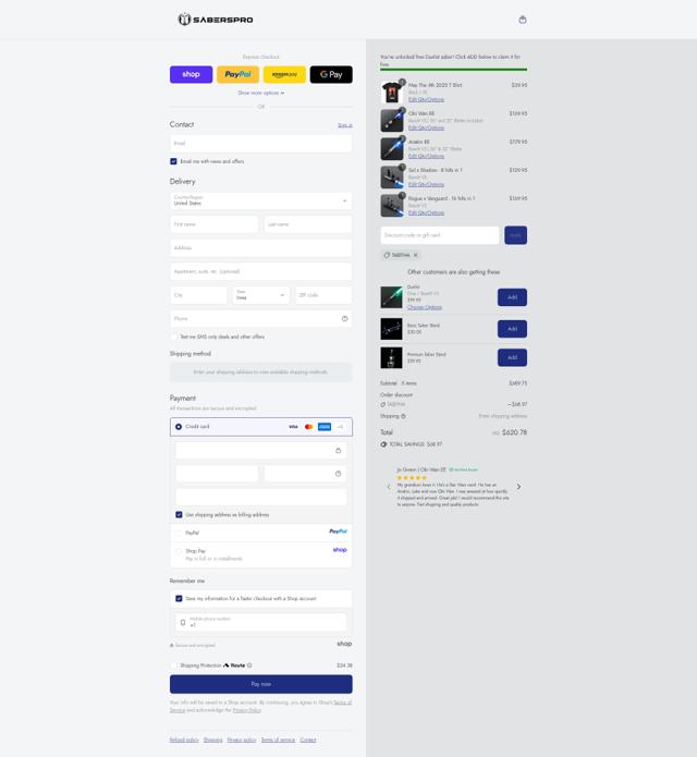 SabersPro checkout page showing SabersPro discount code box | Screenshot taken by SimplyCodes community member on Sep 13, 2025