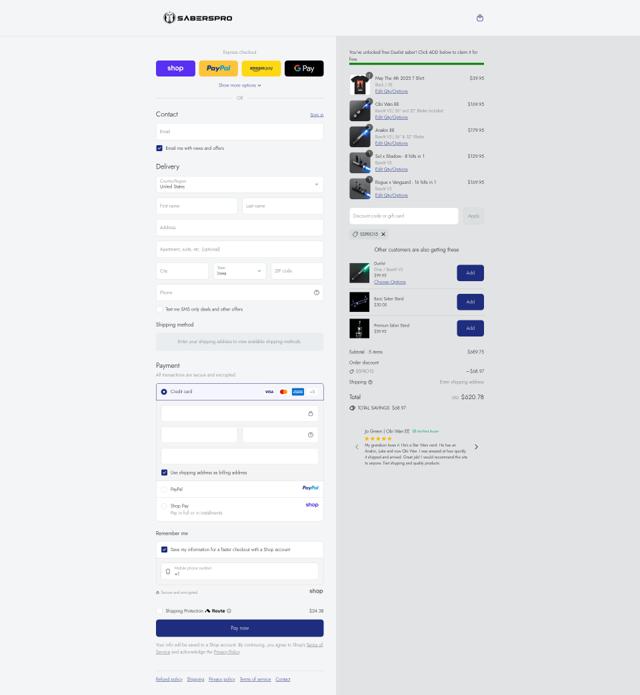 SabersPro checkout page showing SabersPro discount code box | Screenshot taken by SimplyCodes community member on Sep 13, 2025