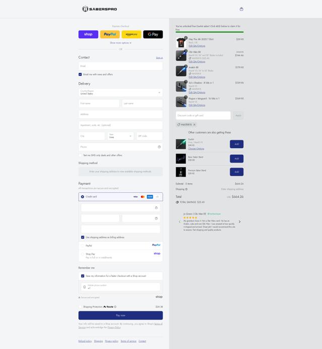 SabersPro checkout page showing SabersPro discount code box | Screenshot taken by SimplyCodes community member on Sep 13, 2025