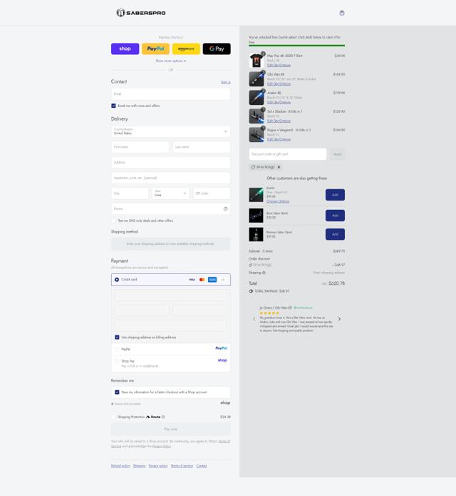 SabersPro checkout page showing SabersPro discount code box | Screenshot taken by SimplyCodes community member on Sep 13, 2025