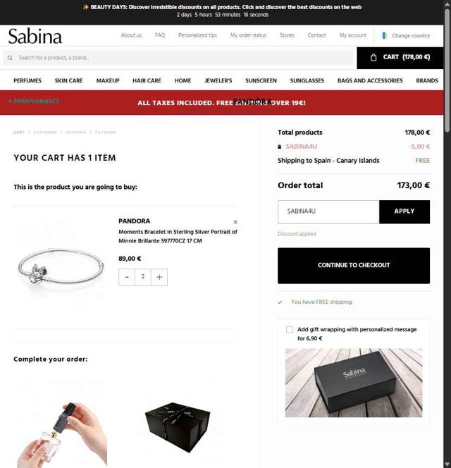 Sabina Beauty & Fashion checkout page showing Sabina Beauty & Fashion promo code box | Screenshot taken by SimplyCodes community member on Aug 18, 2025