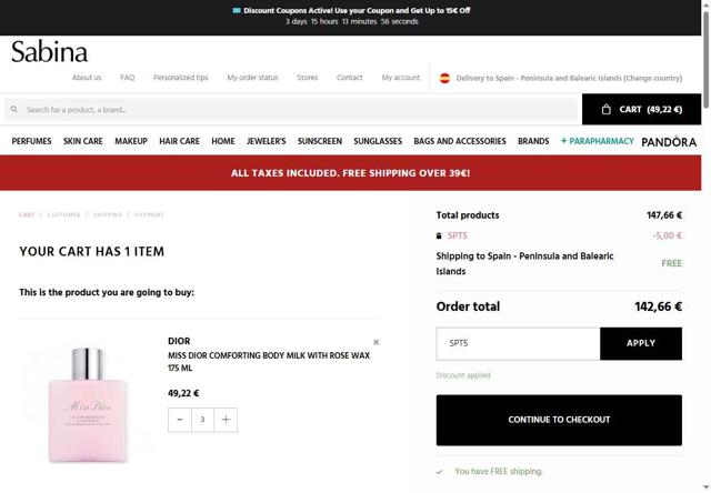 Sabina Beauty & Fashion checkout page showing Sabina Beauty & Fashion promo code box | Screenshot taken by SimplyCodes community member on Sep 15, 2025