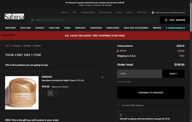 Sabina Beauty & Fashion checkout page showing Sabina Beauty & Fashion promo code box | Screenshot taken by SimplyCodes community member on Sep 15, 2025