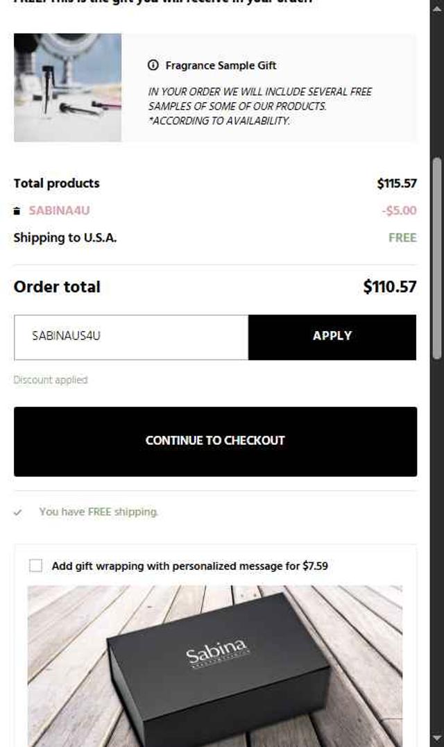 Sabina Beauty & Fashion checkout page showing Sabina Beauty & Fashion promo code box | Screenshot taken by SimplyCodes community member on Aug 18, 2025