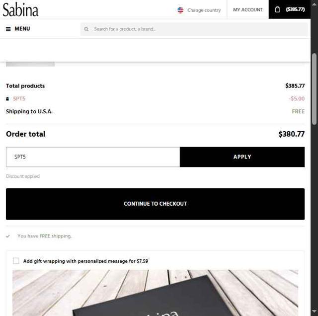 Sabina Beauty & Fashion checkout page showing Sabina Beauty & Fashion promo code box | Screenshot taken by SimplyCodes community member on Sep 15, 2025