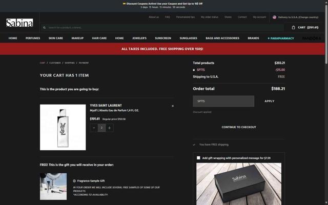 Sabina Beauty & Fashion checkout page showing Sabina Beauty & Fashion promo code box | Screenshot taken by SimplyCodes community member on Sep 15, 2025
