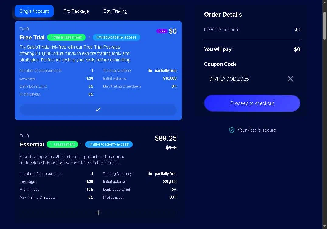SabioTrade checkout page showing SabioTrade discount code box | Screenshot taken by SimplyCodes community member on Jan 8, 2026