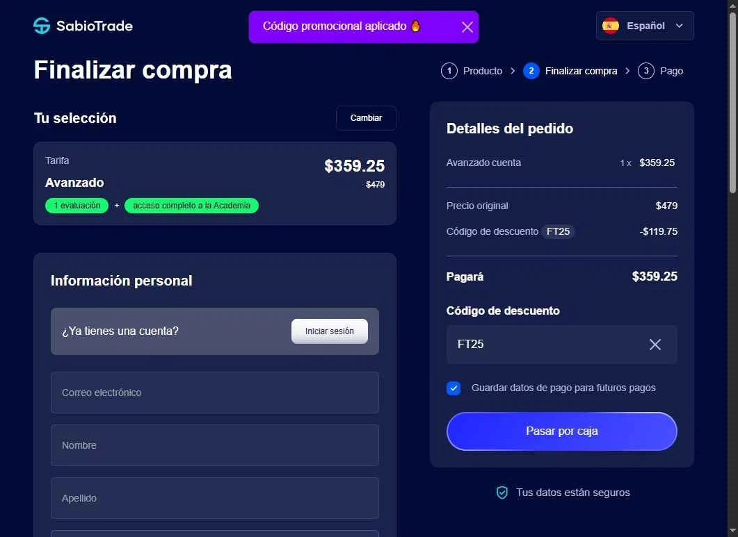 SabioTrade checkout page showing SabioTrade discount code box | Screenshot taken by SimplyCodes community member on Feb 9, 2026