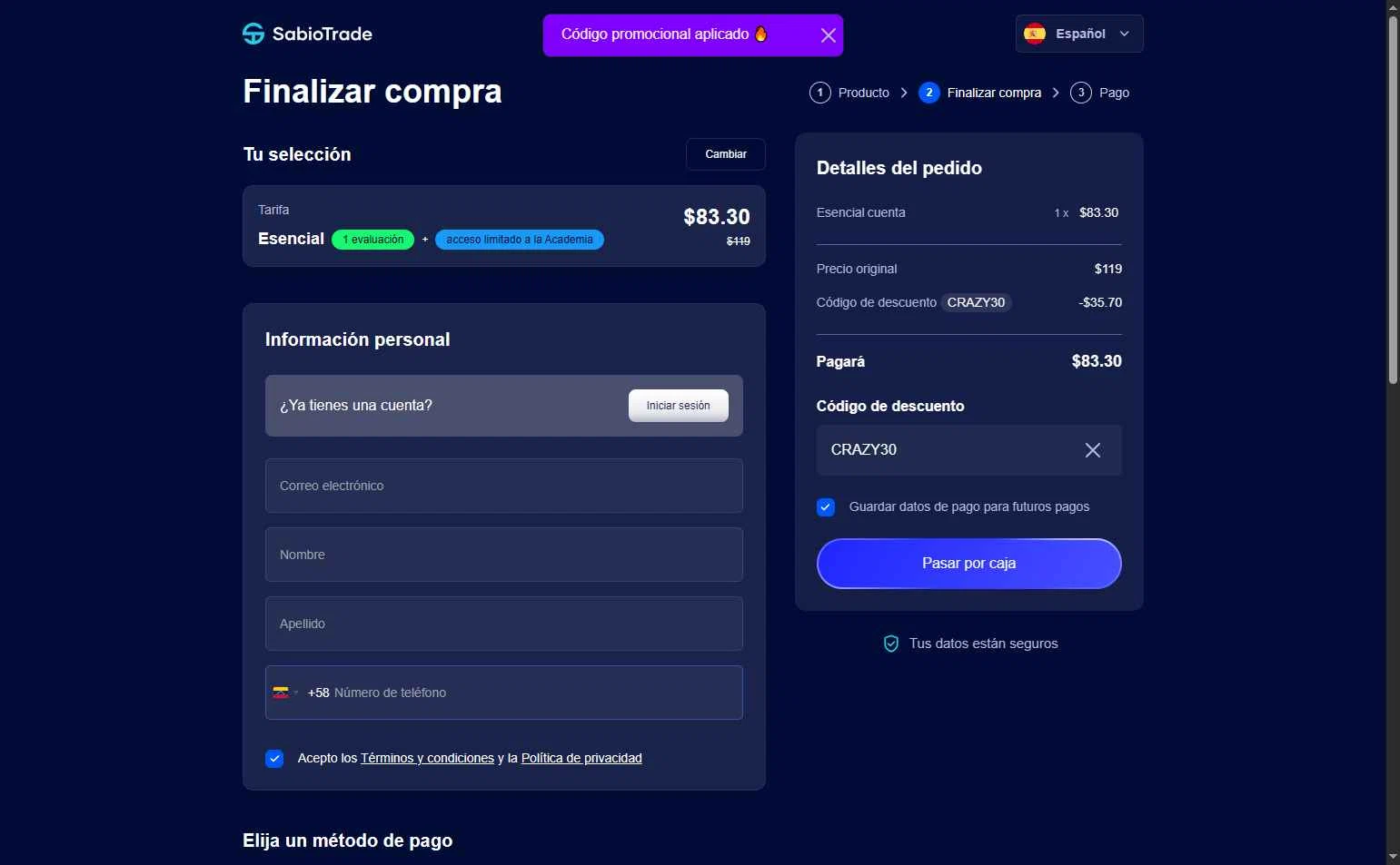 SabioTrade checkout page showing SabioTrade discount code box | Screenshot taken by SimplyCodes community member on Jan 29, 2026