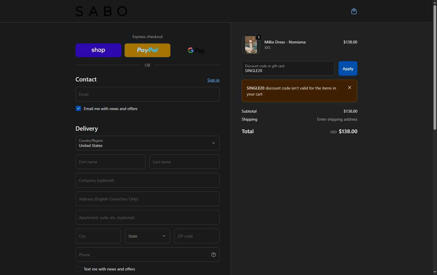 Sabo checkout page showing Sabo discount code box | Screenshot taken by SimplyCodes community member on Nov 10, 2025
