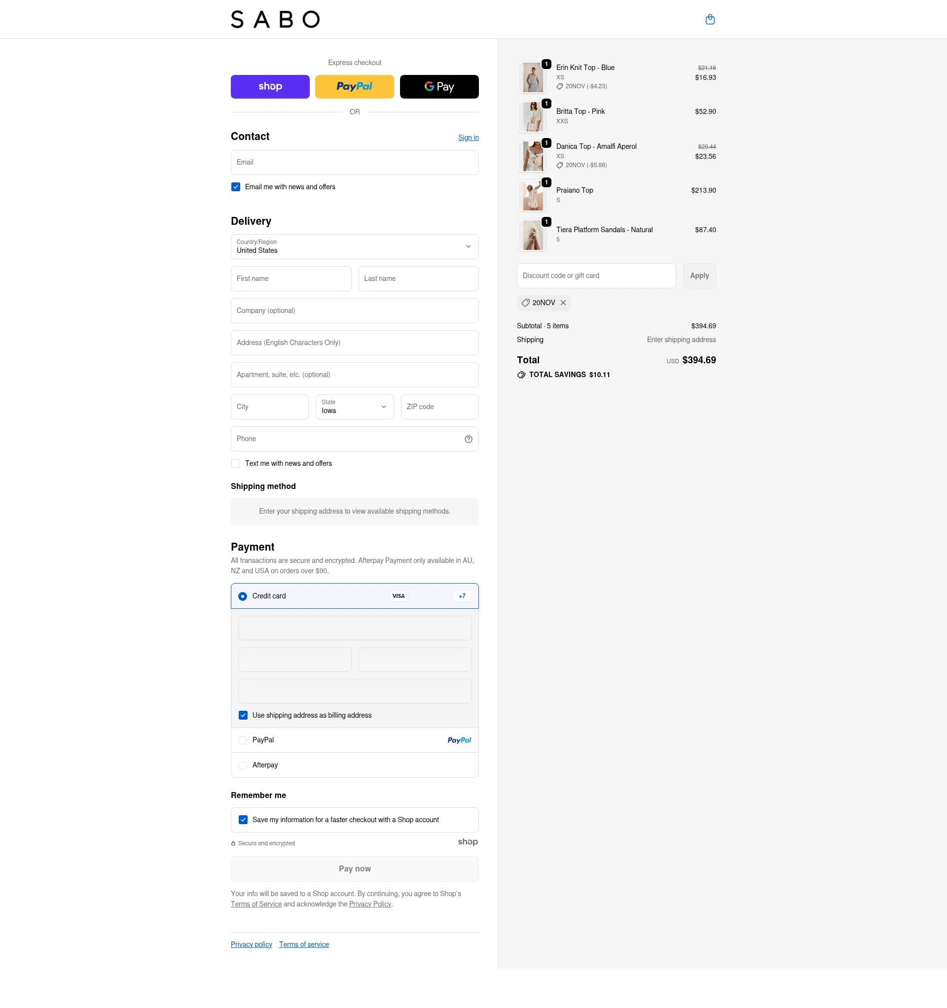 Sabo checkout page showing Sabo discount code box | Screenshot taken by SimplyCodes community member on Nov 9, 2025