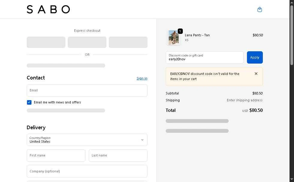Sabo checkout page showing Sabo discount code box | Screenshot taken by SimplyCodes community member on Nov 2, 2025