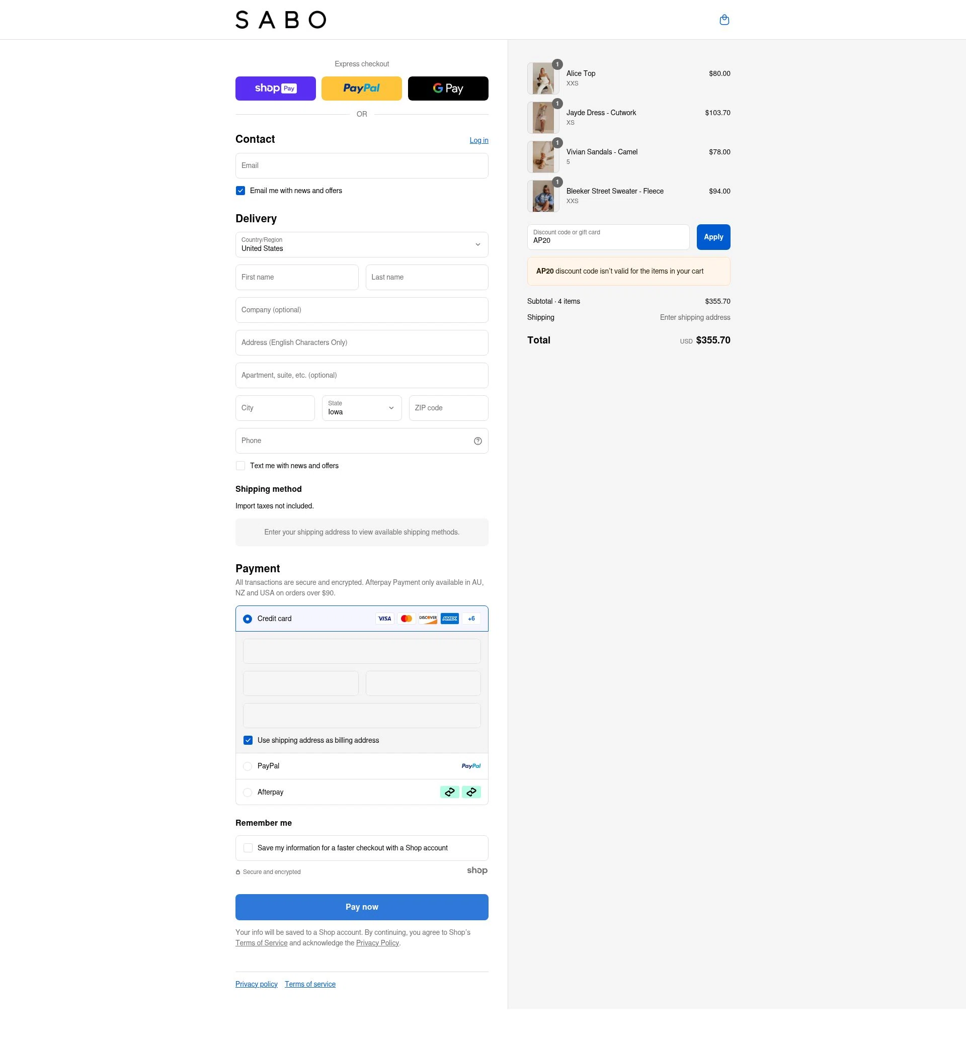 Sabo checkout page showing Sabo discount code box | Screenshot taken by SimplyCodes community member on Aug 17, 2025