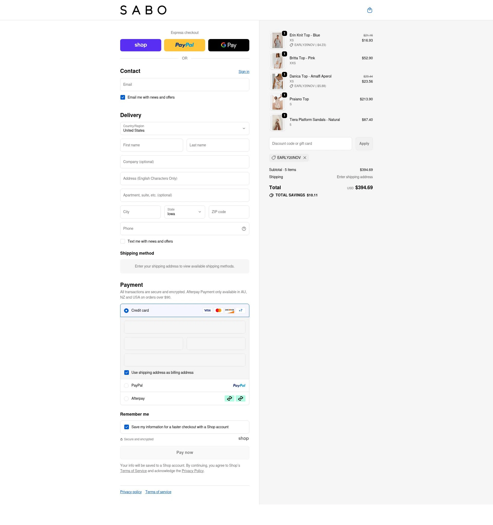 Sabo checkout page showing Sabo discount code box | Screenshot taken by SimplyCodes community member on Nov 9, 2025