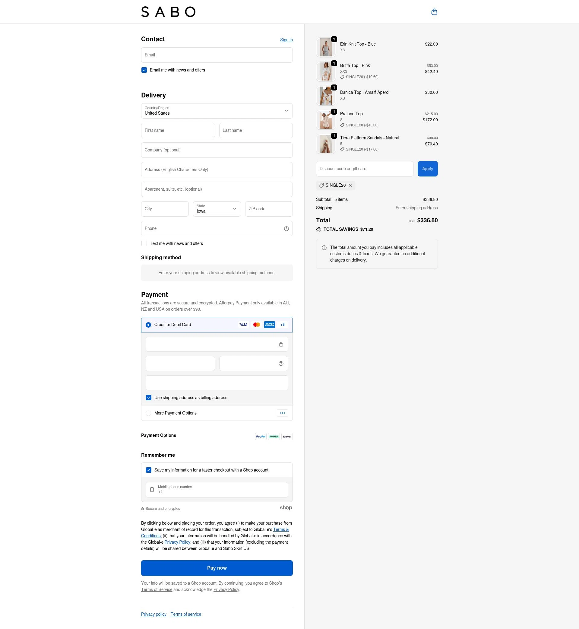 Sabo checkout page showing Sabo discount code box | Screenshot taken by SimplyCodes community member on Nov 14, 2025