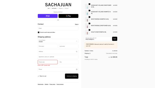 Sachajuan checkout page showing Sachajuan discount code box | Screenshot taken by SimplyCodes community member on Sep 23, 2025