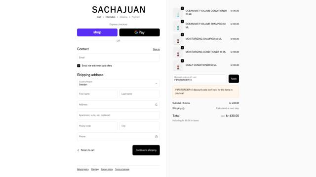 Sachajuan checkout page showing Sachajuan discount code box | Screenshot taken by SimplyCodes community member on Sep 19, 2025