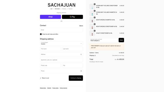 Sachajuan checkout page showing Sachajuan discount code box | Screenshot taken by SimplyCodes community member on Sep 10, 2025