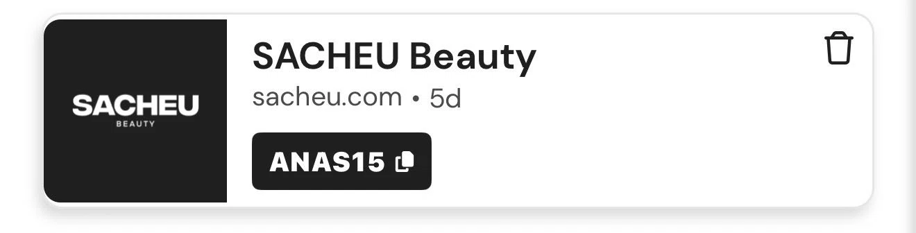 SACHEU Beauty discount code screenshot showing code ANAS15 applied at SACHEU Beauty checkout page. Uploaded by SimplyCodes community member FortunatePro9173 on Feb 9, 2026