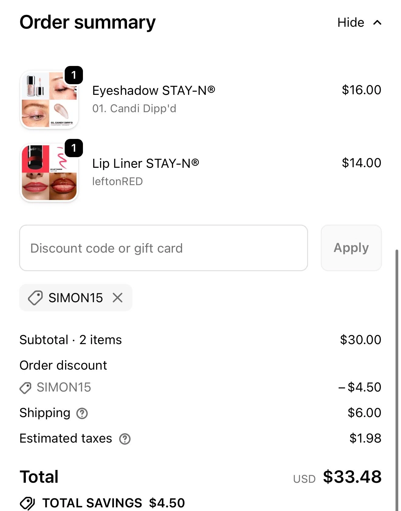 SACHEU Beauty discount code screenshot showing code SIMON15 applied at SACHEU Beauty checkout page. Uploaded by SimplyCodes community member JackR3 on Feb 10, 2026