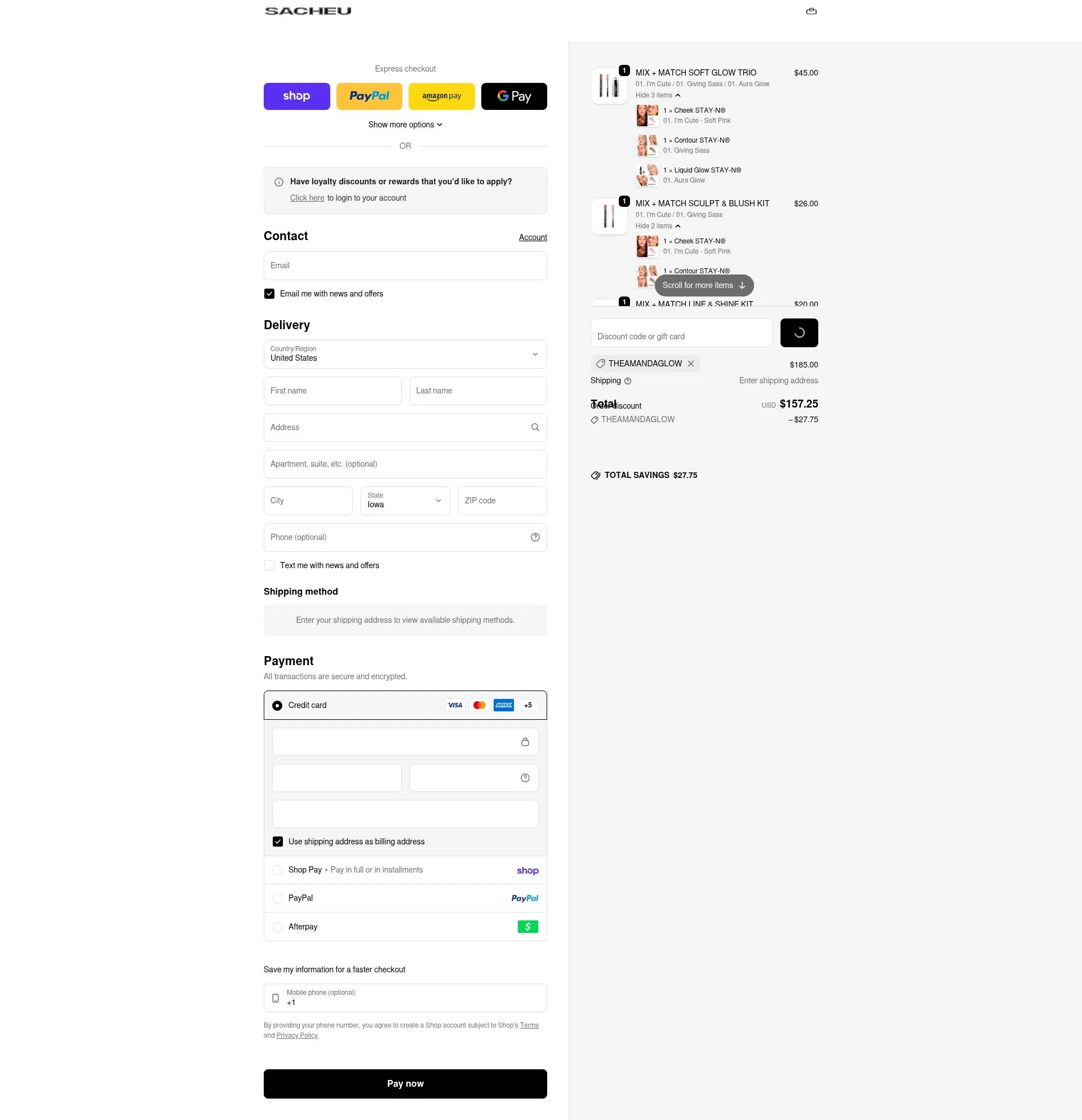 SACHEU Beauty checkout page showing SACHEU Beauty discount code box | Screenshot taken by SimplyCodes community member on Feb 8, 2026